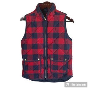 J Crew Navy Red Plaid Quilted Down Puffer Vest Sz XS Womens Zip Front Pockets U